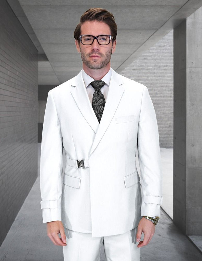 Statement Mens Modern Fit 2 Piece 100% Wool Suit – Double Breasted Jacket with Metal Buckle Closure