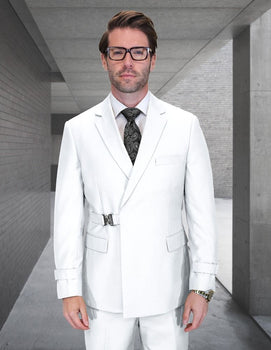 Statement Mens Modern Fit 2 Piece 100% Wool Suit – Double Breasted Jacket with Metal Buckle Closure