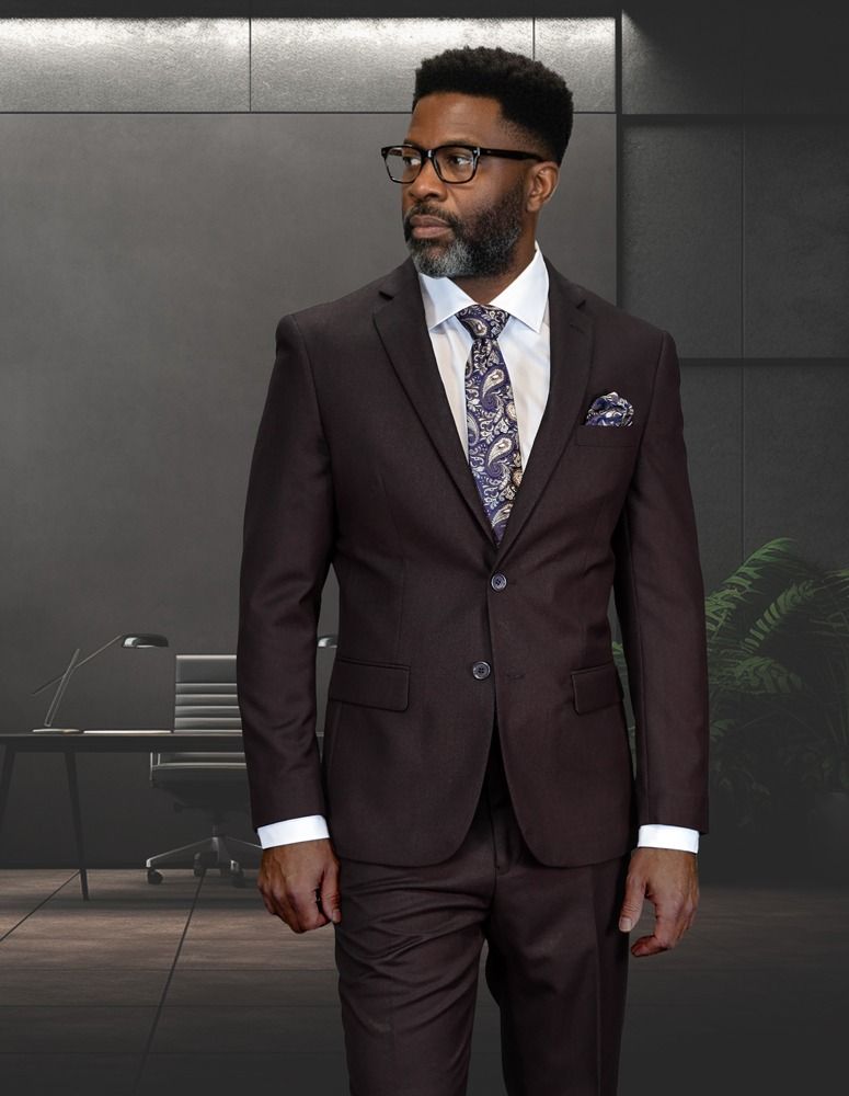 Statement Mens 2 Piece 100% Wool Suit – Notch Lapel Single Breasted Jacket Modern Fit