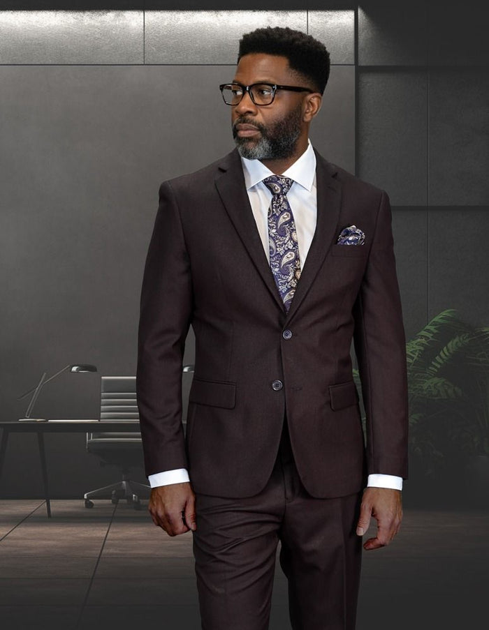 Statement Mens 2 Piece 100% Wool Suit – Notch Lapel Single Breasted Jacket Modern Fit