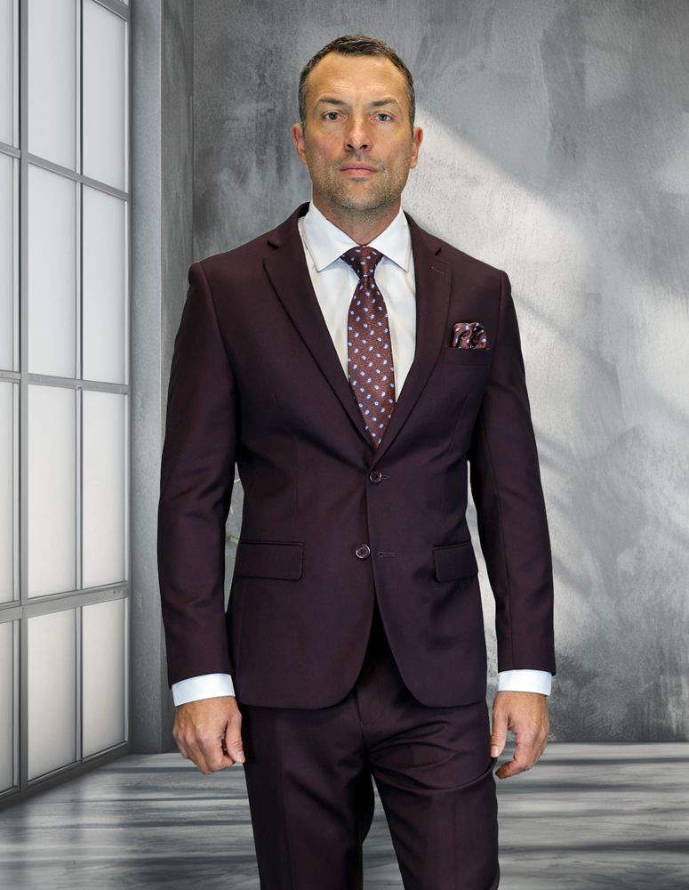 Statement Mens 2 Piece 100% Wool Suit – Notch Lapel Single Breasted Jacket Modern Fit