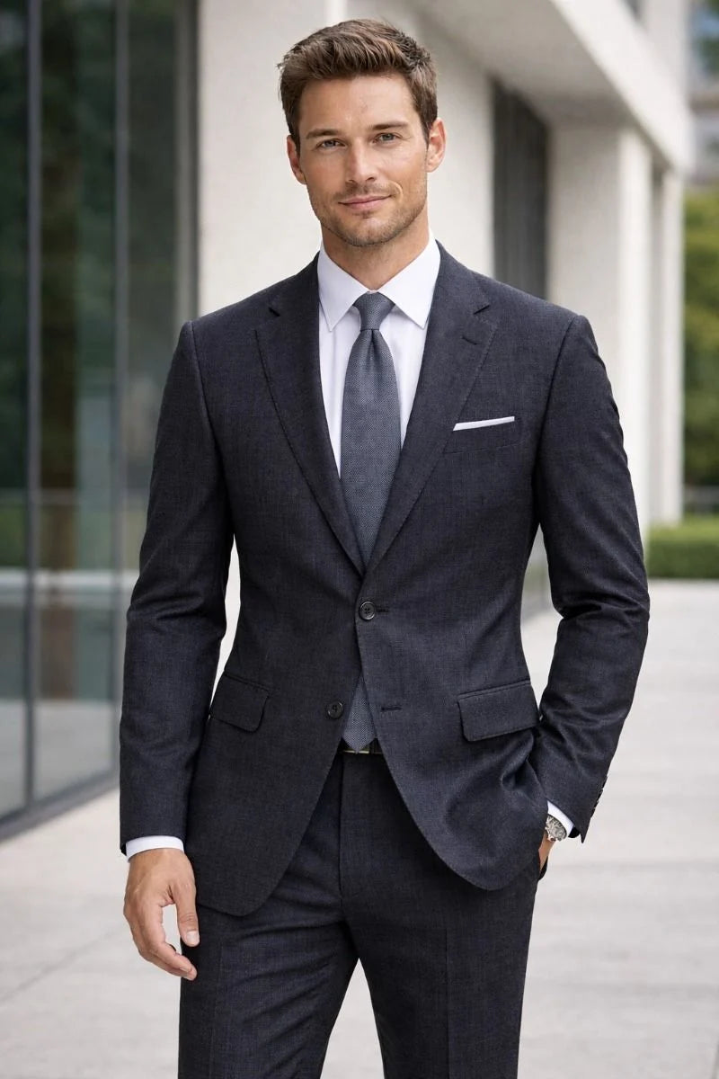 Statement Mens  2 Piece 100% Wool Textured Solid Suit – Notch Lapel Single Breasted Jacket Modern Fit