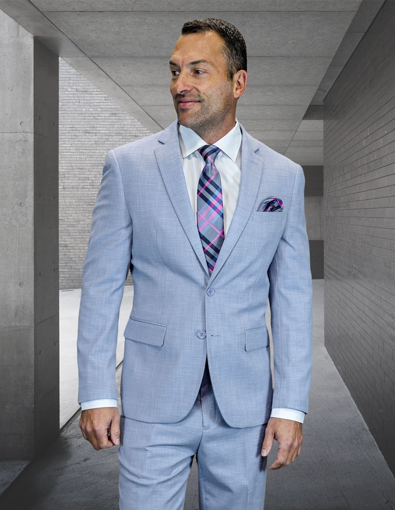 Statement Mens 2 Piece 100% Wool Textured Solid Suit – Single Breasted Notch Lapel Jacket Modern Fit