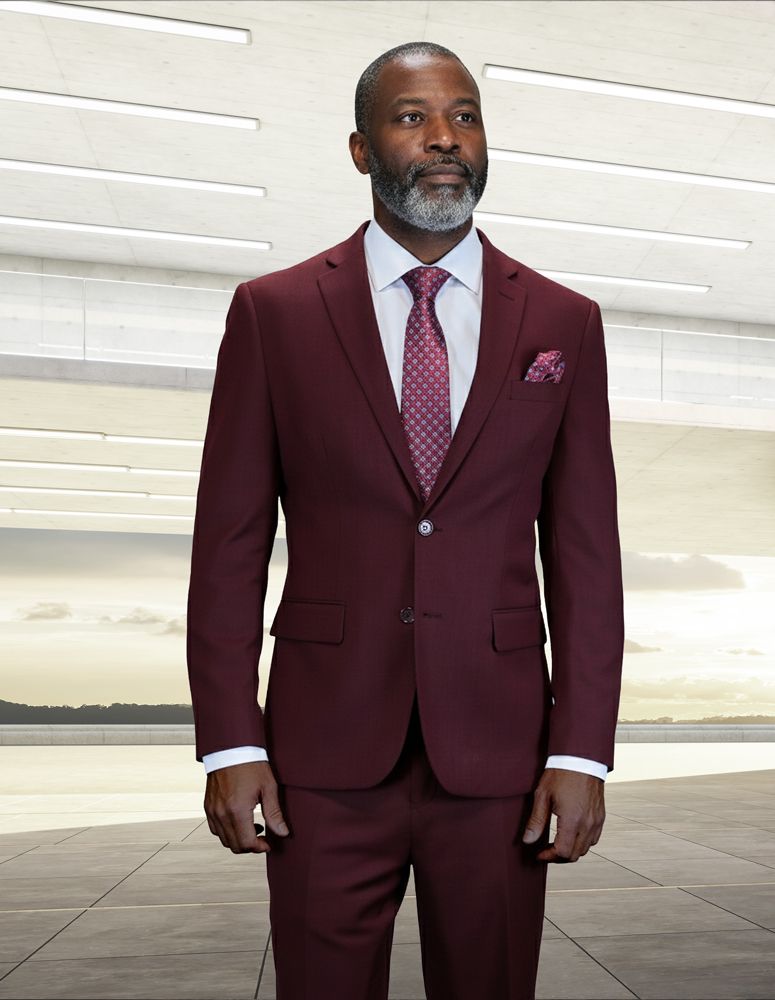 Statement Mens 2 Piece 100% Wool Textured Solid Suit – Single Breasted Notch Lapel Jacket Modern Fit