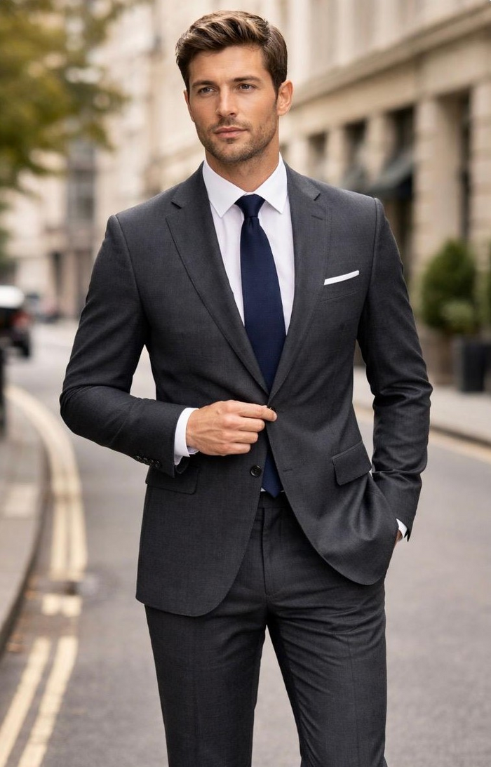 Statement Mens 2 Piece 100% Wool Textured Solid Suit – Single Breasted Notch Lapel Jacket Modern Fit