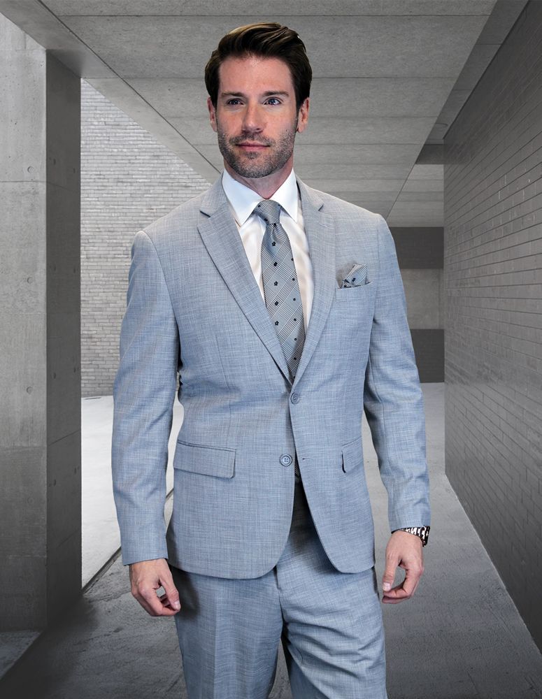 Statement Mens 2 Piece 100% Wool Textured Solid Suit – Single Breasted Notch Lapel Jacket Modern Fit