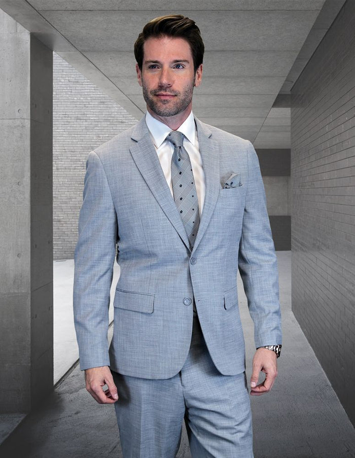 Statement Mens 2 Piece 100% Wool Textured Solid Suit – Single Breasted Notch Lapel Jacket Modern Fit