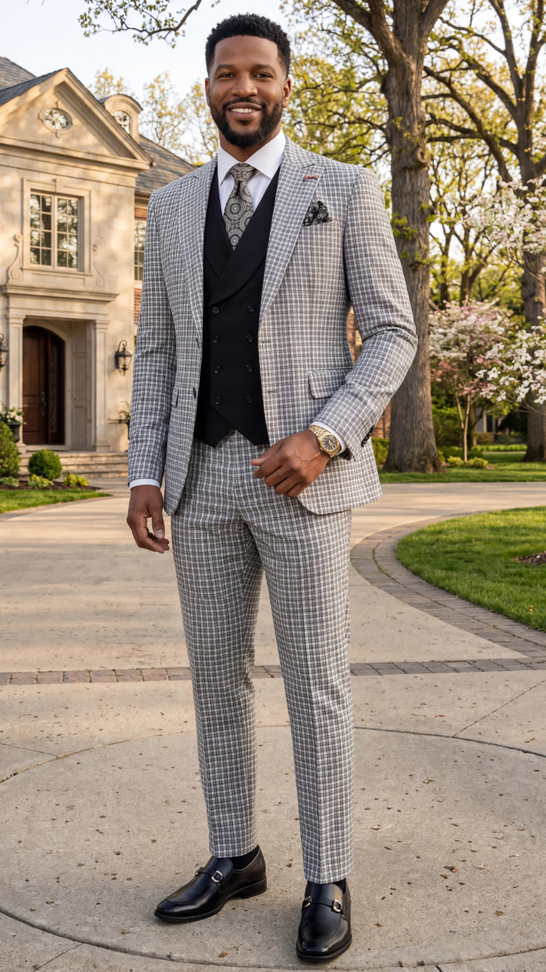 Statement Mens Modern Fit 3 Piece 100% Wool Gingham Suit – Peak Lapel, Double Breasted Vest