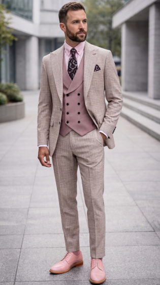 Statement Mens 3 Piece 100% Wool Gingham Suit – Peak Lapel, Double Breasted Vest Modern Fit