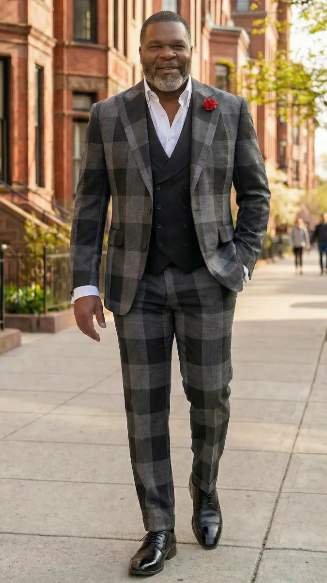 Statement Mens  3 Piece 100% Super 200s Wool Large Checker Suit – Double Breasted Vest Modern Fit