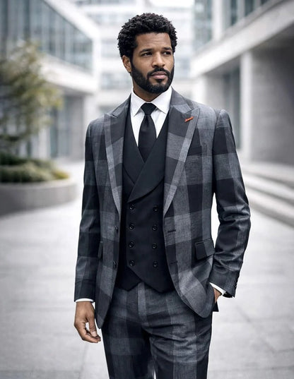 Statement Mens  3 Piece 100% Super 200s Wool Large Checker Suit – Double Breasted Vest Modern Fit