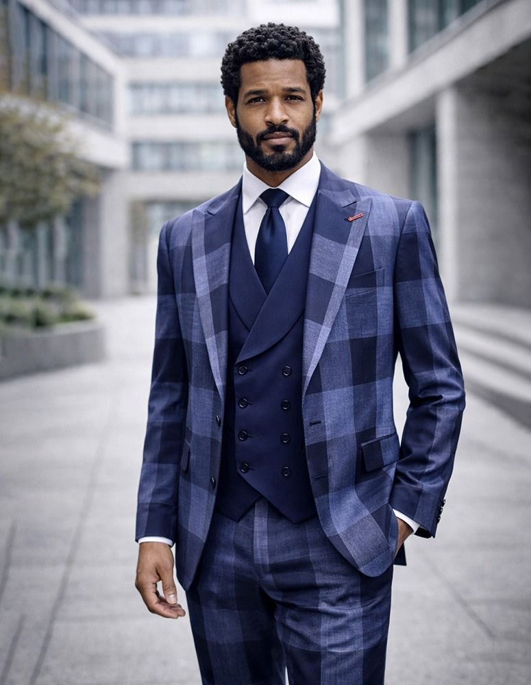 Statement Mens  3 Piece 100% Super 200s Wool Large Checker Suit – Double Breasted Vest Modern Fit