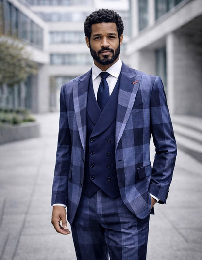 Statement Mens  3 Piece 100% Super 200s Wool Large Checker Suit – Double Breasted Vest Modern Fit