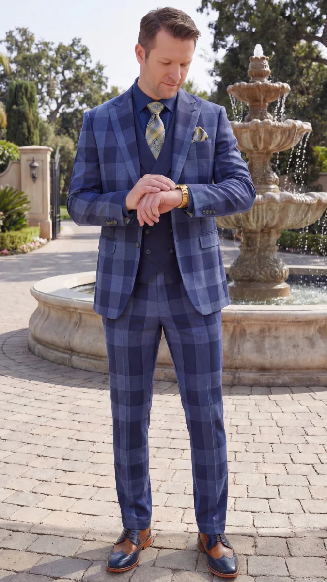 Statement Mens  3 Piece 100% Super 200s Wool Large Checker Suit – Double Breasted Vest Modern Fit