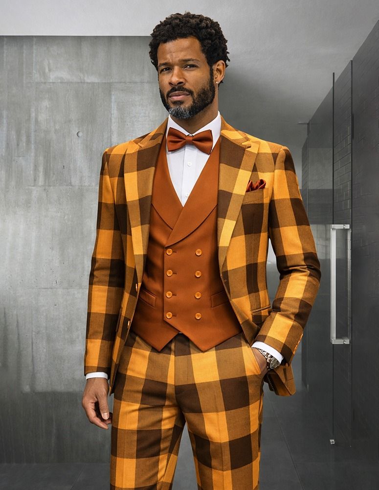 Statement Mens  3 Piece 100% Super 200s Wool Large Checker Suit – Double Breasted Vest Modern Fit