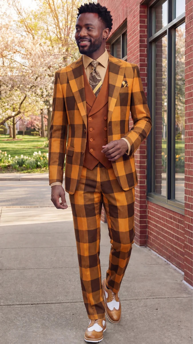 Statement Mens  3 Piece 100% Super 200s Wool Large Checker Suit – Double Breasted Vest Modern Fit