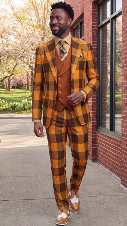 Statement Mens  3 Piece 100% Super 200s Wool Large Checker Suit – Double Breasted Vest Modern Fit
