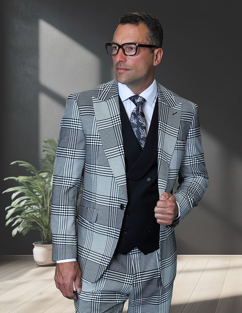 Statement Mens 3 Piece 100% Super 200s Wool Plaid Suit – Peak Lapel, Double Breasted Vest Modern Fit