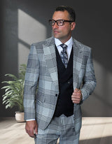 Statement Mens 3 Piece 100% Super 200s Wool Plaid Suit – Peak Lapel, Double Breasted Vest Modern Fit