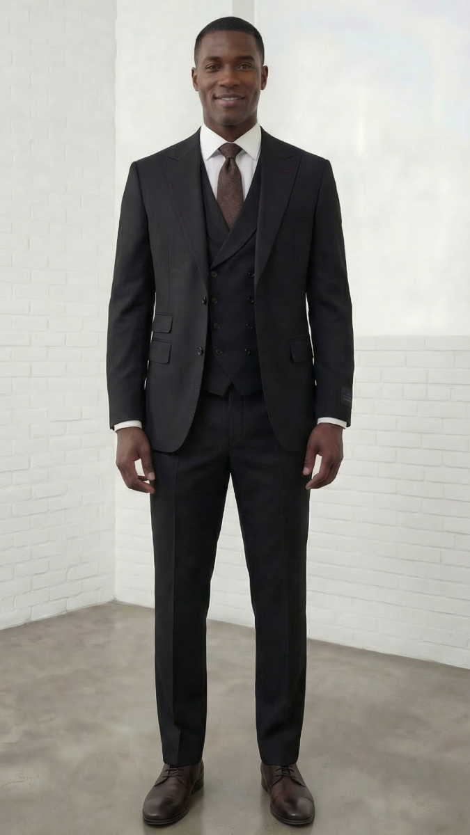 Statement Mens  3 Piece 100% Super 200s Wool Suit – Peak Lapel, Double Breasted Vest Modern Fit