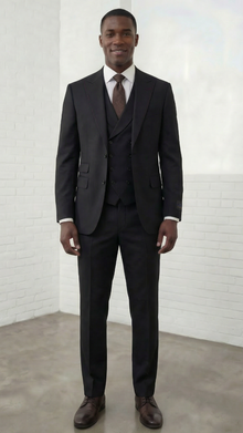 Statement Mens Modern Fit 3 Piece 100% Super 200s Wool Suit – Peak Lapel, Double Breasted Vest