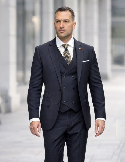 Statement Mens 3 Piece 100% Super 200s Wool Suit – Various Patterns, Double Breasted Vest Modern Fit