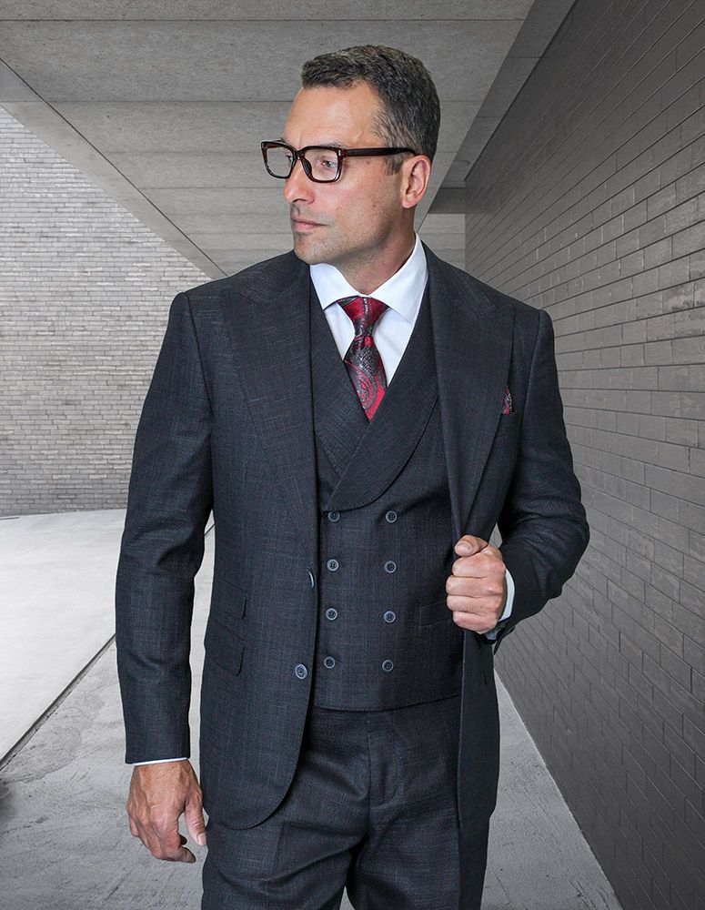 Statement Mens Modern Fit 3 Piece 100% Super 200s Wool Suit – Wide Peak Lapel, Double Breasted Vest