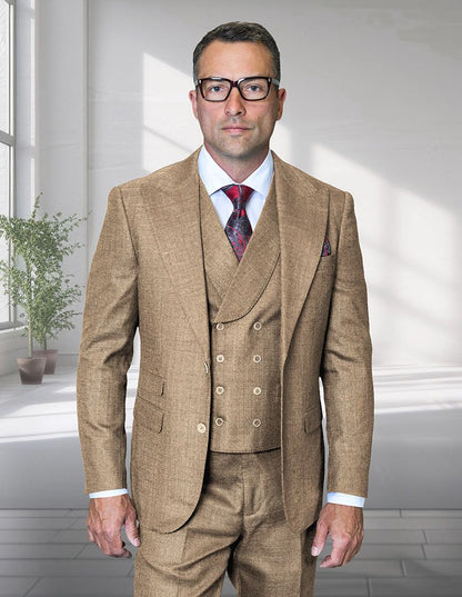 Statement Mens Modern Fit 3 Piece 100% Super 200s Wool Suit – Wide Peak Lapel, Double Breasted Vest