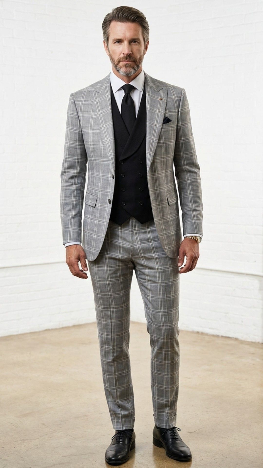 Statement Mens 3 Piece 100% Super 200s Wool Windowpane Suit – Solid Color Double Breasted Vest Modern Fit