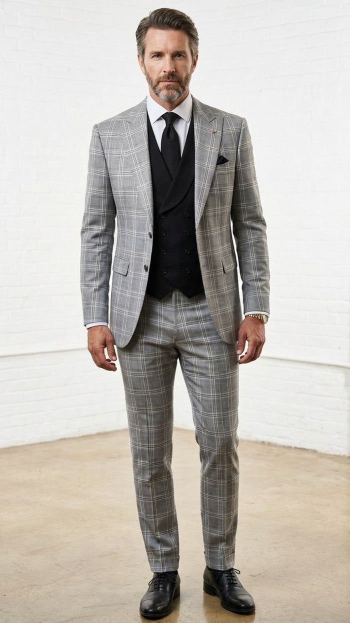 Statement Mens 3 Piece 100% Super 200s Wool Windowpane Suit – Solid Color Double Breasted Vest Modern Fit