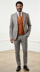 Statement Mens 3 Piece 100% Super 200s Wool Windowpane Suit – Solid Color Double Breasted Vest Modern Fit