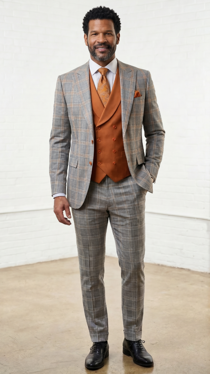 Statement Mens 3 Piece 100% Super 200s Wool Windowpane Suit – Solid Color Double Breasted Vest Modern Fit