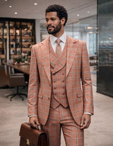 Statement Mens Modern Fit 3 Piece 100% Super Wool Windowpane Suit – Double Breasted Vest, Peak Lapel