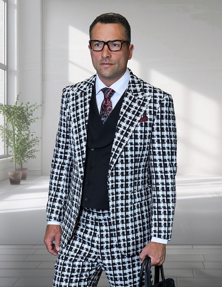 Statement Mens 3 Piece 100% Wool Checker Suit – Unique Pattern, Peak Lapel, Double Breasted Vest Modern Fit