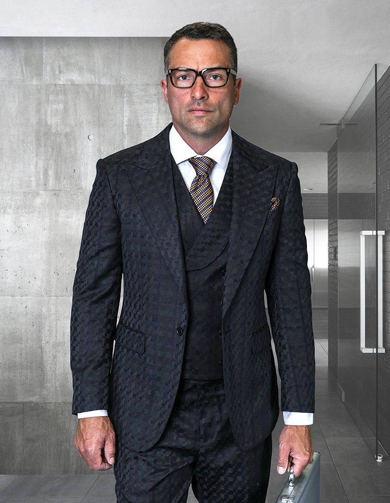 Statement Mens 3 Piece 100% Wool Checker Suit – Unique Pattern, Peak Lapel, Double Breasted Vest Modern Fit
