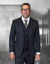 Statement Mens 3 Piece 100% Wool Checker Suit – Unique Pattern, Peak Lapel, Double Breasted Vest Modern Fit