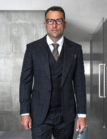 Statement Mens Modern Fit 3 Piece 100% Wool Checker Suit – Unique Pattern, Peak Lapel, Double Breasted Vest
