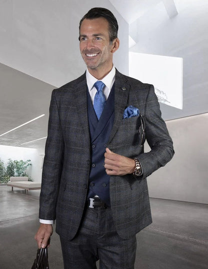 Statement Mens Modern Fit 3 Piece 100% Wool Pinstripe Suit – Wide Peak Lapel, 5 Button Vest