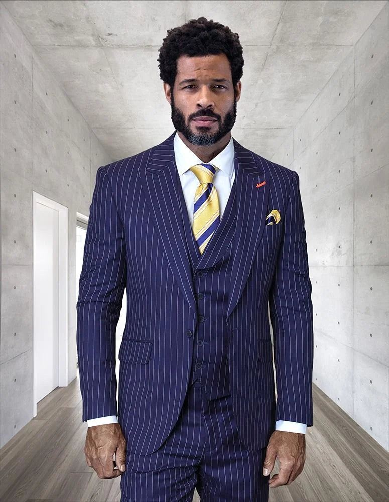 Statement Mens Modern Fit 3 Piece 100% Wool Pinstripe Suit – Wide Peak Lapel, 5 Button Vest