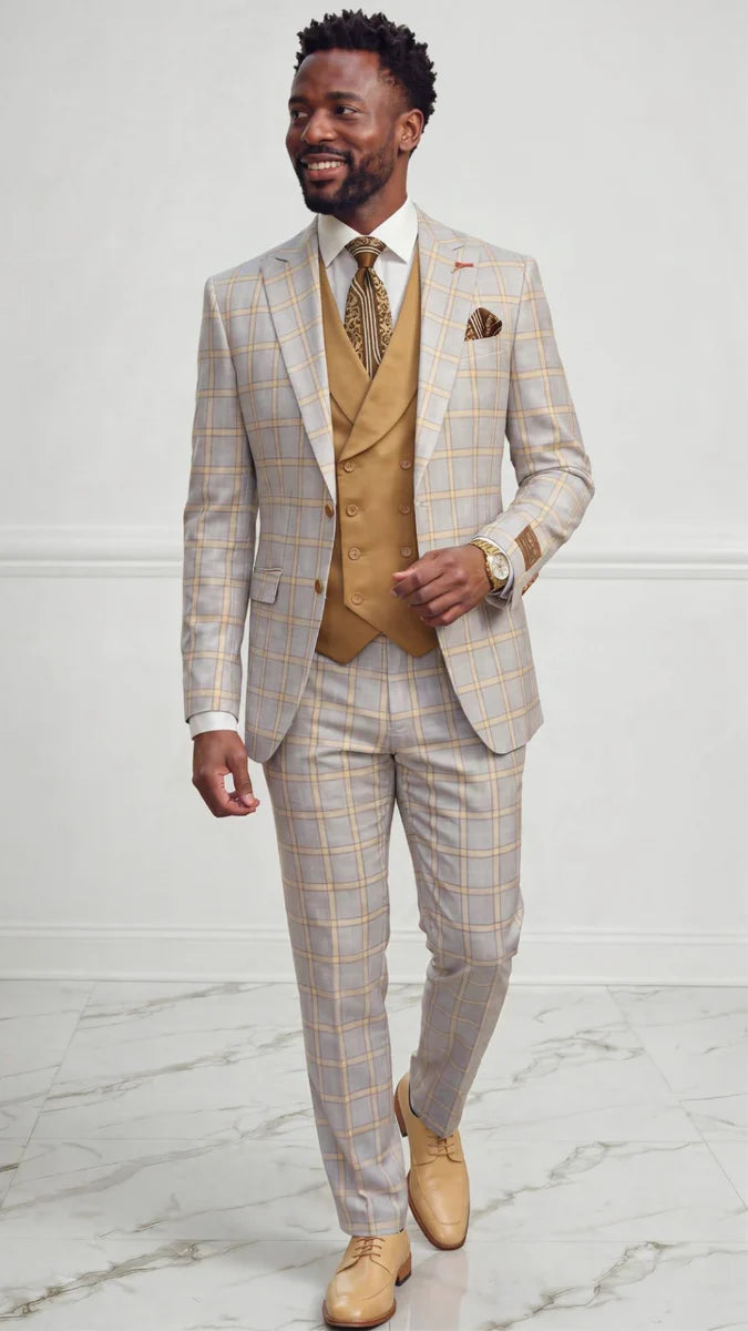 Statement Mens  3 Piece 100% Wool Sharp Windowpane Suit – Double Breasted Vest Modern Fit