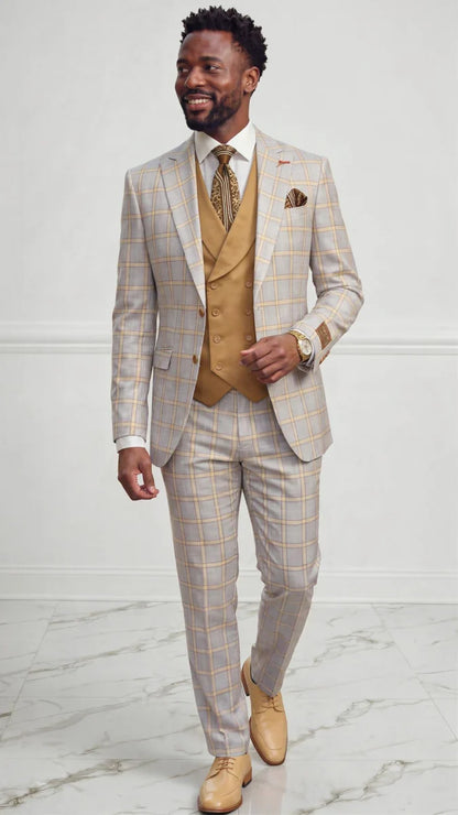 Statement Mens  3 Piece 100% Wool Sharp Windowpane Suit – Double Breasted Vest Modern Fit