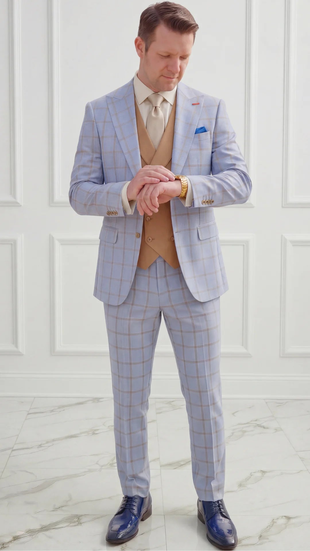 Statement Mens  3 Piece 100% Wool Sharp Windowpane Suit – Double Breasted Vest Modern Fit
