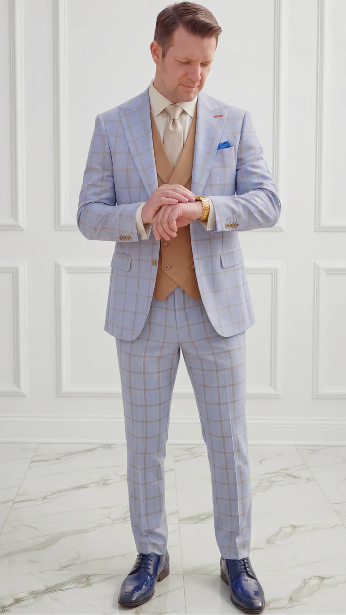 Statement Mens  3 Piece 100% Wool Sharp Windowpane Suit – Double Breasted Vest Modern Fit