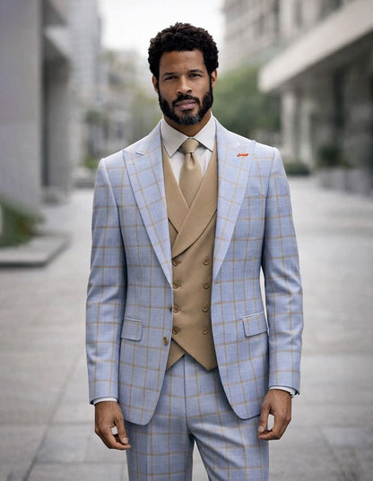 Statement Mens  3 Piece 100% Wool Sharp Windowpane Suit – Double Breasted Vest Modern Fit