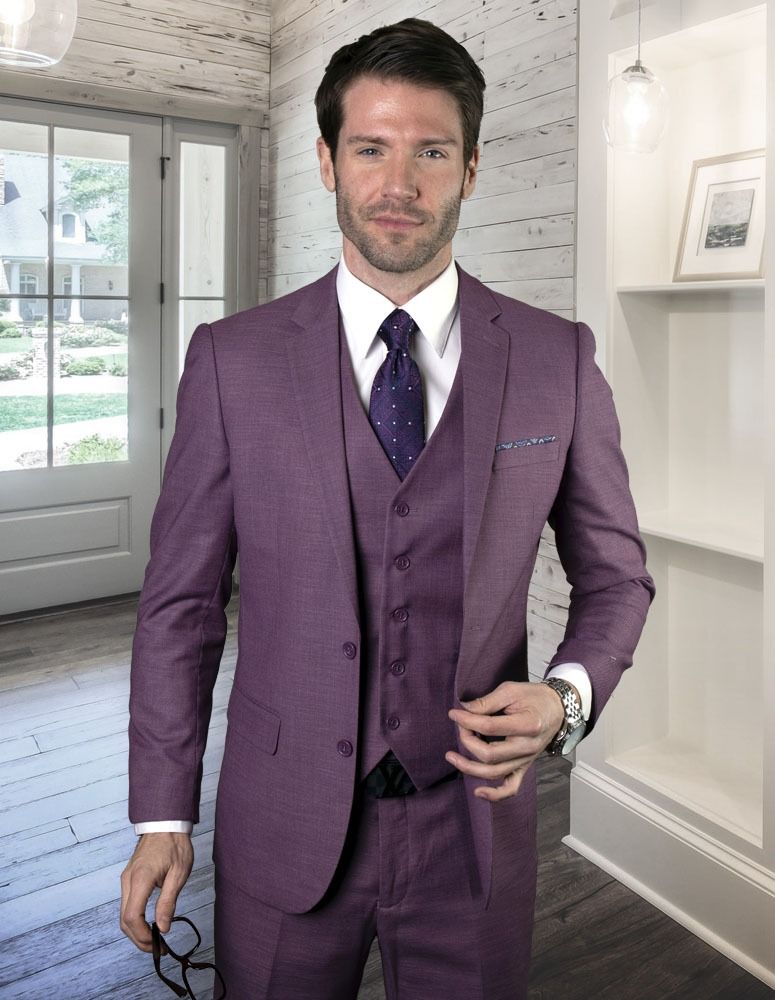 Statement Mens Modern Fit 3 Piece 100% Wool Suit – Subtle Texture, Notch Lapel Jacket Modern Fit