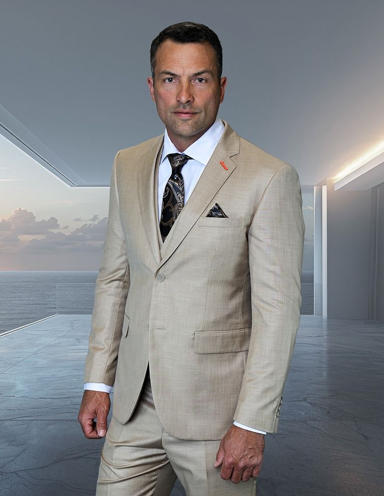 Statement Mens Modern Fit 3 Piece 100% Wool Suit – Subtle Texture, Notch Lapel Jacket Modern Fit