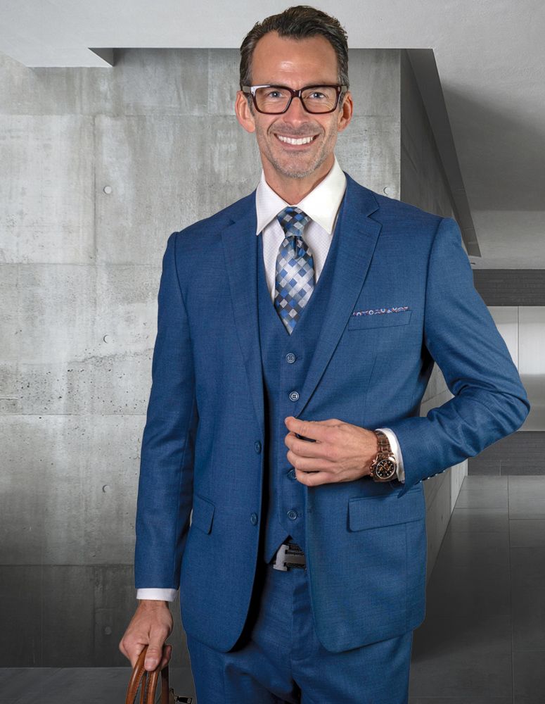 Statement Mens Modern Fit 3 Piece 100% Wool Suit – Subtle Texture, Notch Lapel Jacket Modern Fit