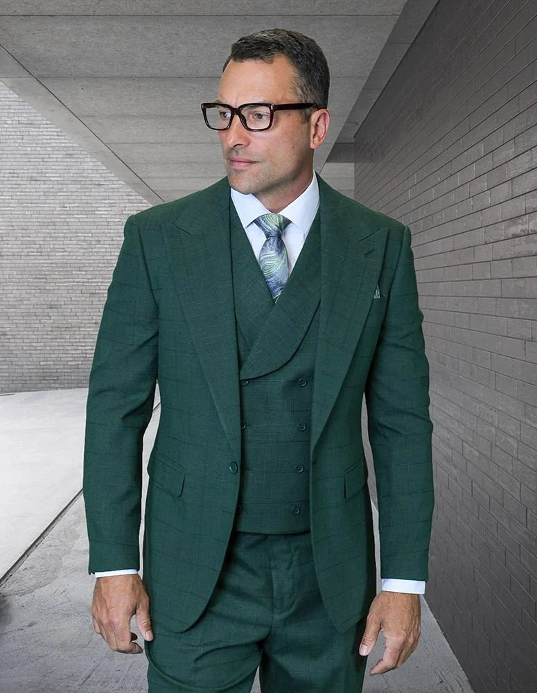 Statement Mens Modern Fit 3 Piece 100% Wool Textured Windowpane Suit – Wide Peak Lapel, Double Breasted Vest