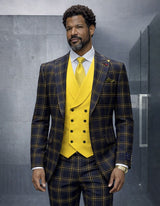 Statement Mens 3 Piece 100% Wool Windowpane Plaid Suit – Solid Color Double Breasted Vest Modern Fit