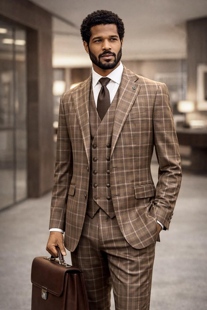 Statement Men's Plaid Tailored Fit Copper 3 Piece Designer Suit Modena Modern Fit
